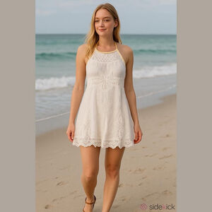 Free People Lace Ruffled Halter Slip Dress in White Sz 10 Yellow Trim Boho $168